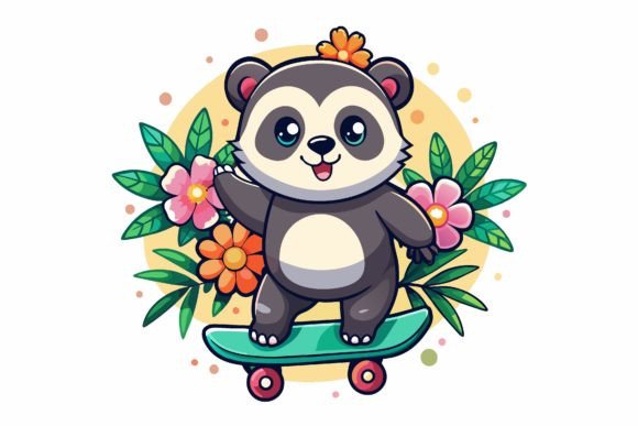 Download Skateboard Panda Road Cartoon with Flowe - Cartoon Collection