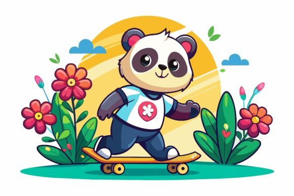 Download Skateboard Panda Road Cartoon with Flowe - Cartoon Collection