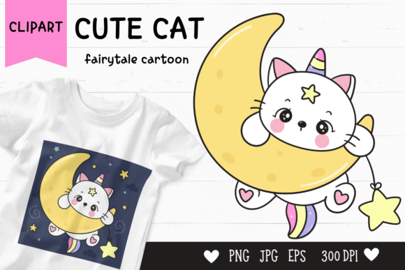 Download Cute Cat Cartoon on Moon Kawaii Clipart - Cartoon Collection